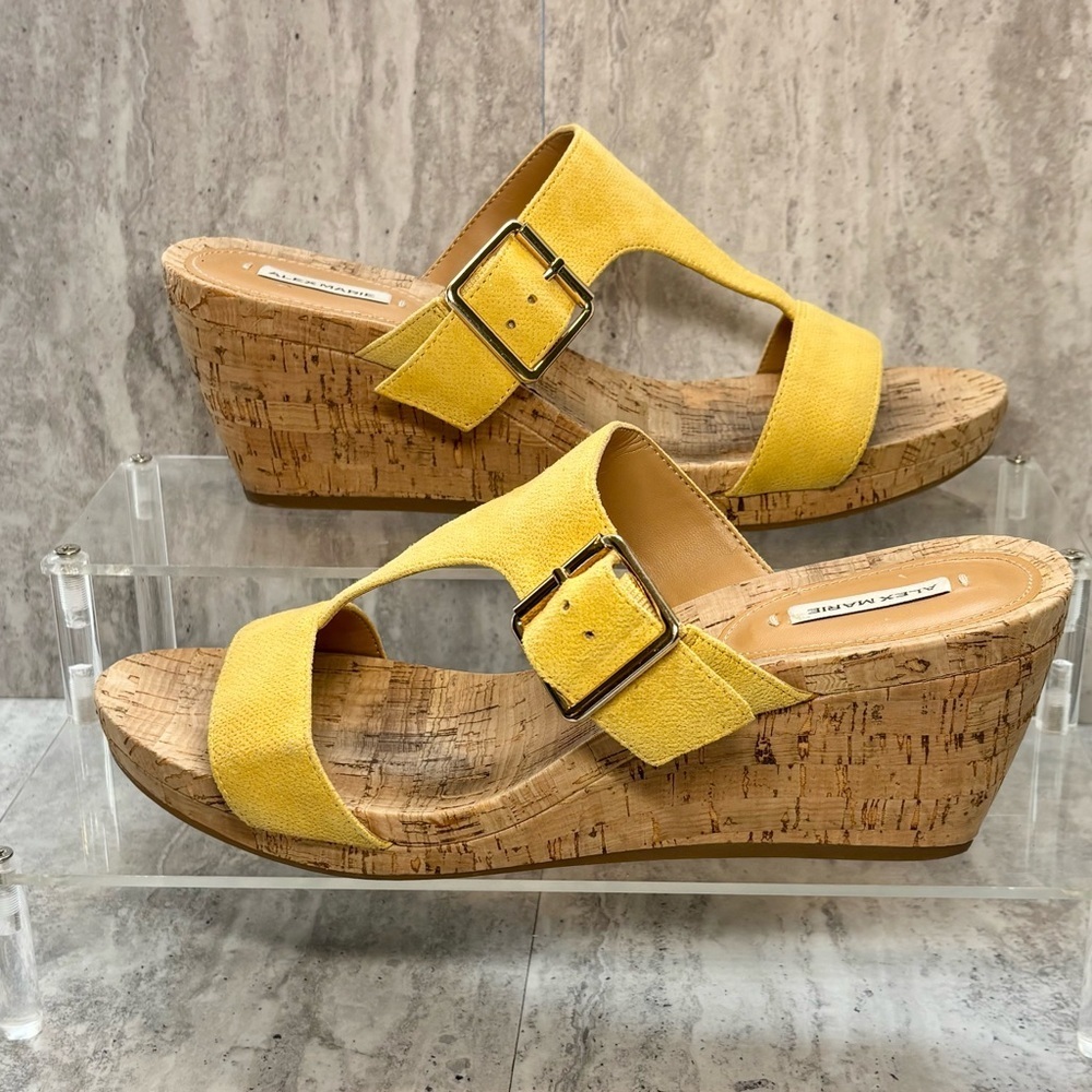 Alex Marie Issodore Lulu Zest Yellow Leather Wedge Heels Sandals 10M